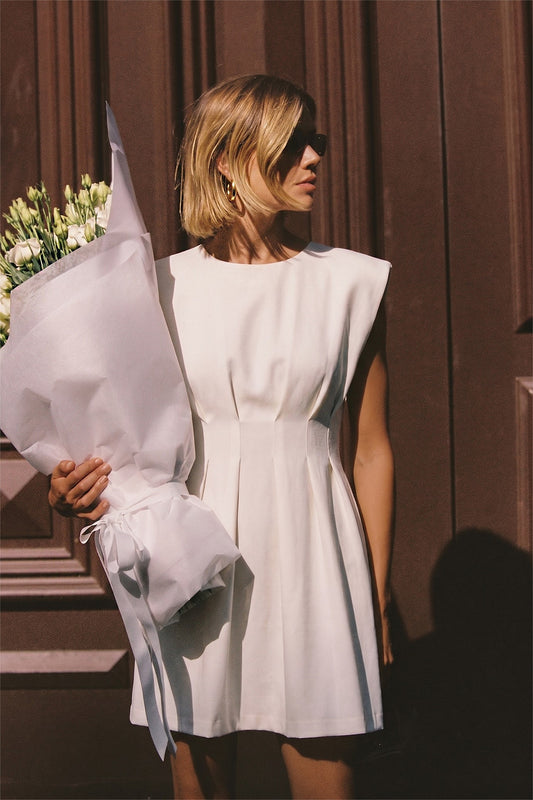 Ecru Pleated Waist Mini Dress