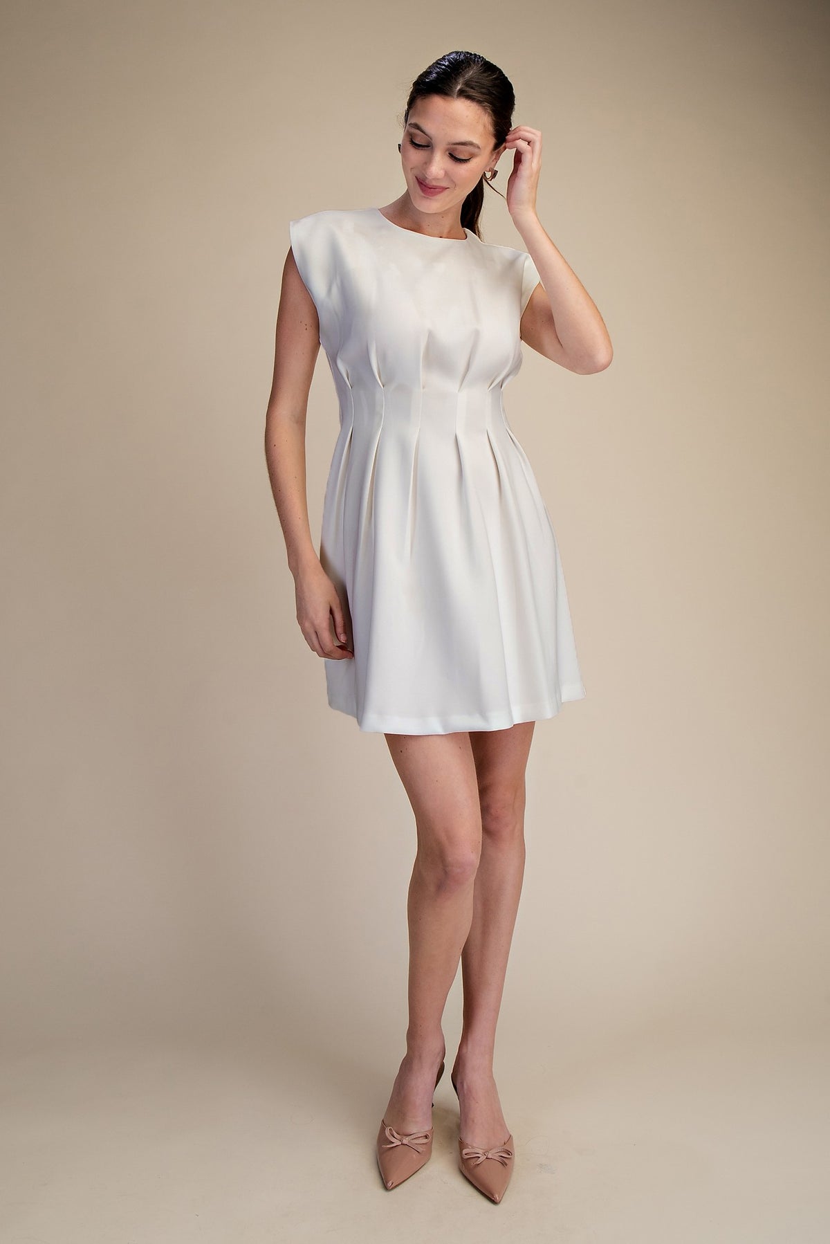 Ecru Pleated Waist Mini Dress
