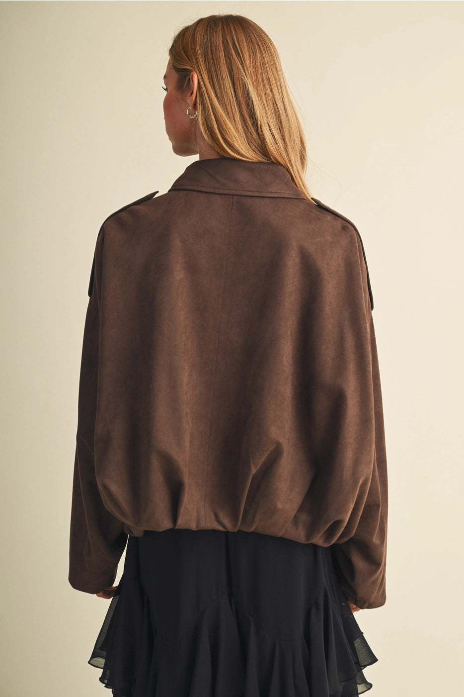 Faux Suede Blouson Jacket-Brown