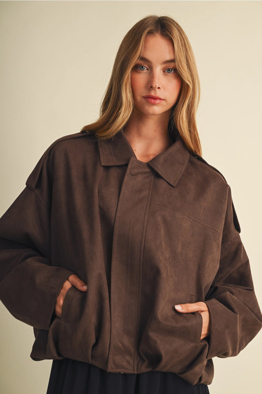 Faux Suede Blouson Jacket-Brown