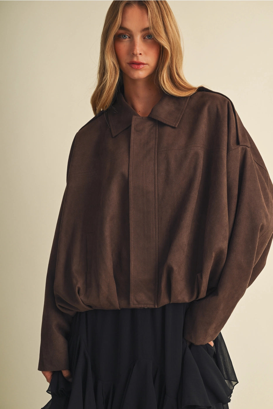 Faux Suede Blouson Jacket-Brown