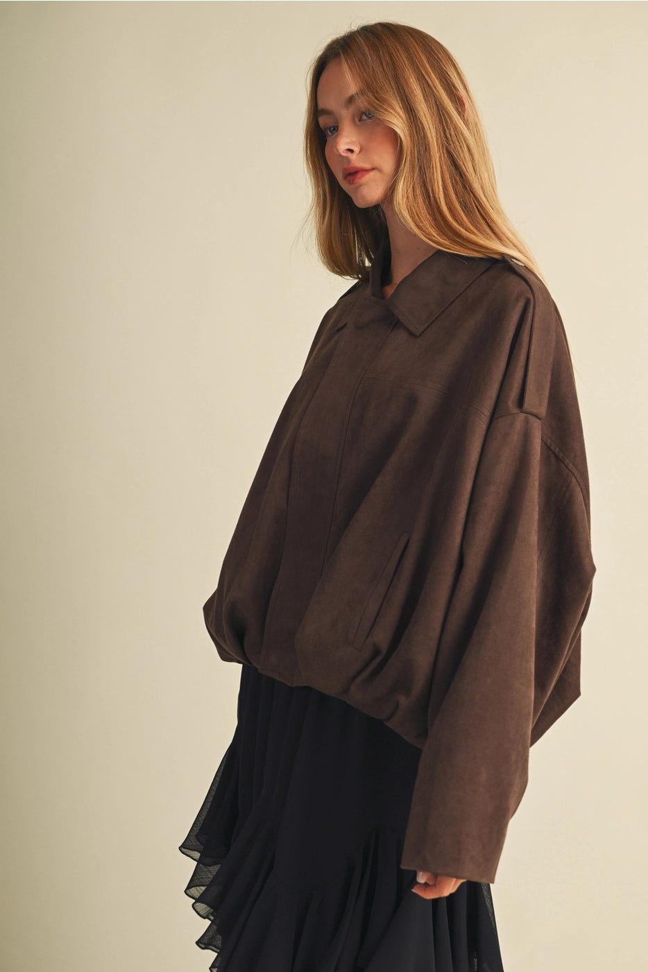 Faux Suede Blouson Jacket-Brown