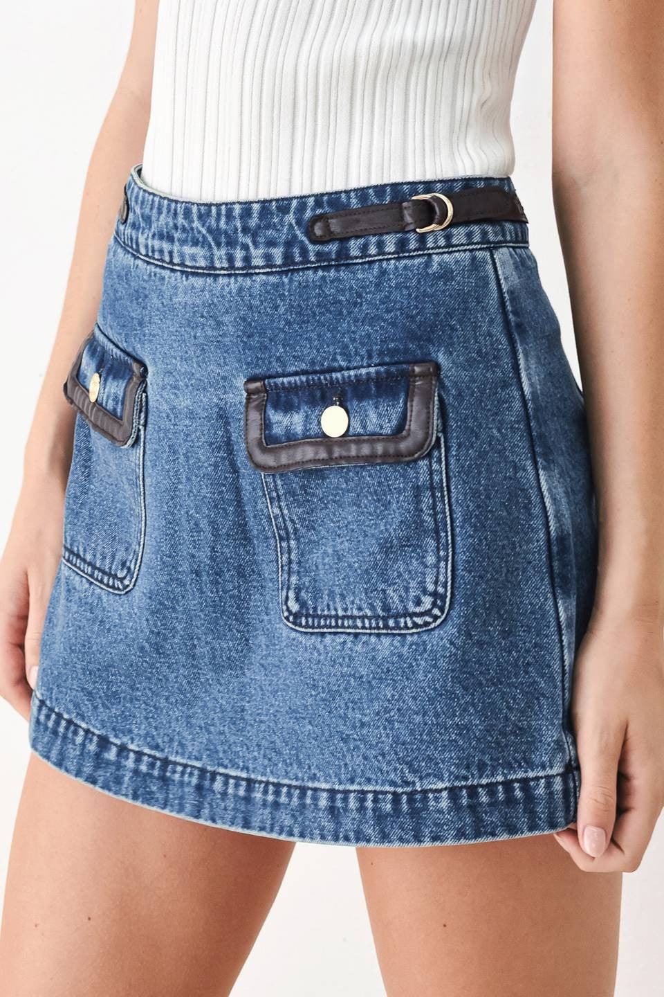Faux Leather Trim Denim Skort