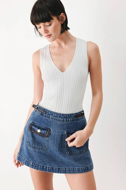 Faux Leather Trim Denim Skort