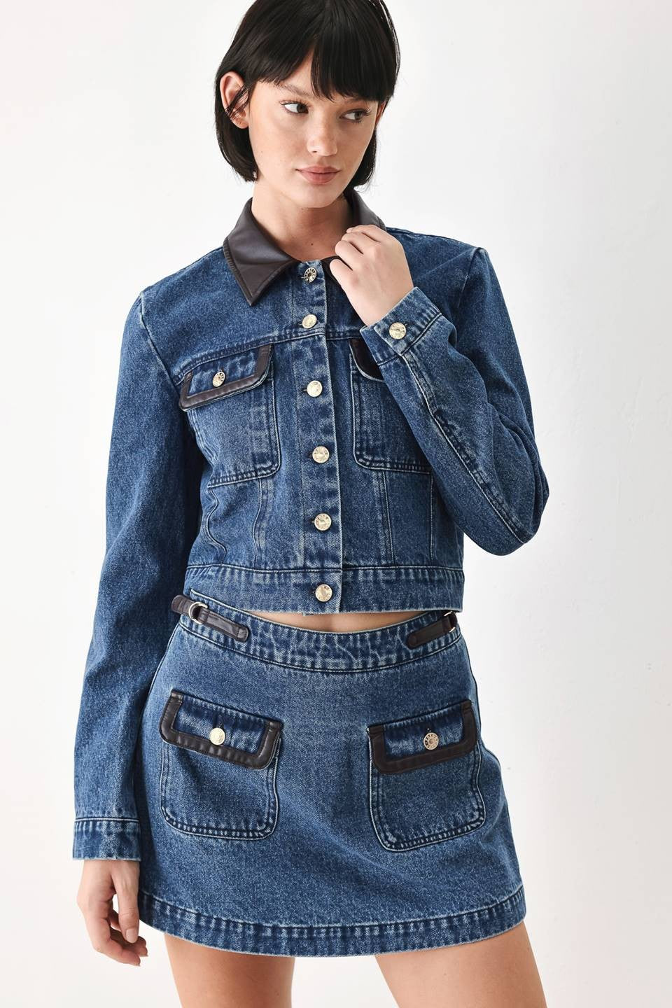 Faux Leather Trim Denim Jacket