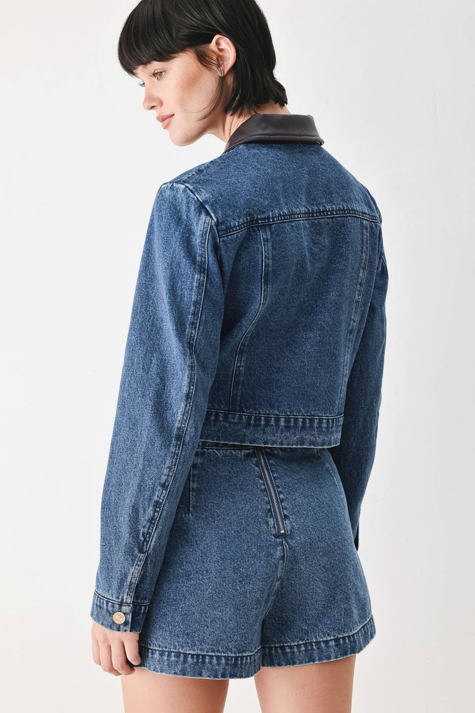 Faux Leather Trim Denim Jacket