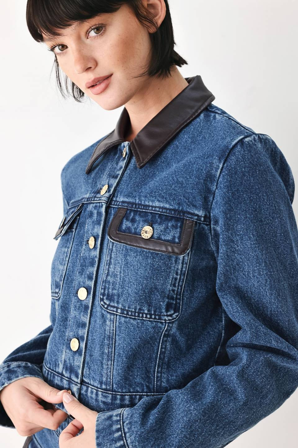 Faux Leather Trim Denim Jacket