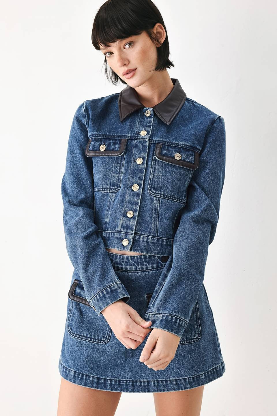Faux Leather Trim Denim Jacket