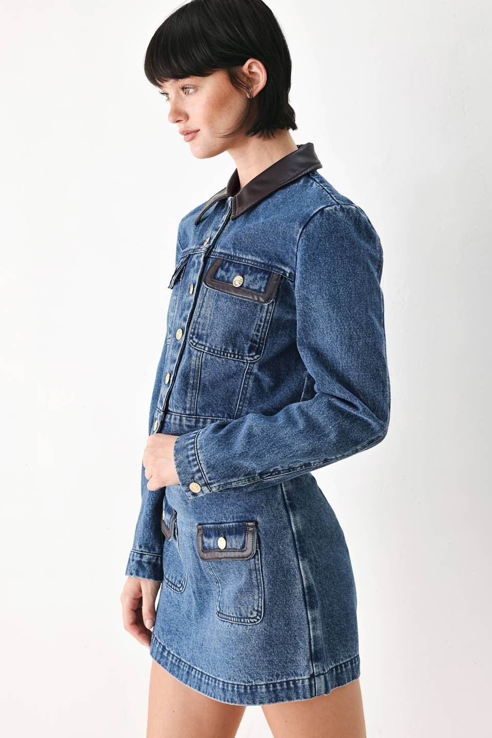 Faux Leather Trim Denim Jacket