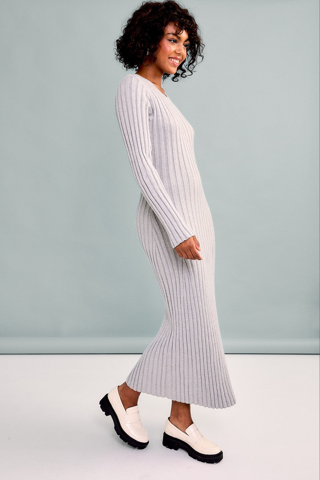 Gray Ribbed Sweater Midi Dress