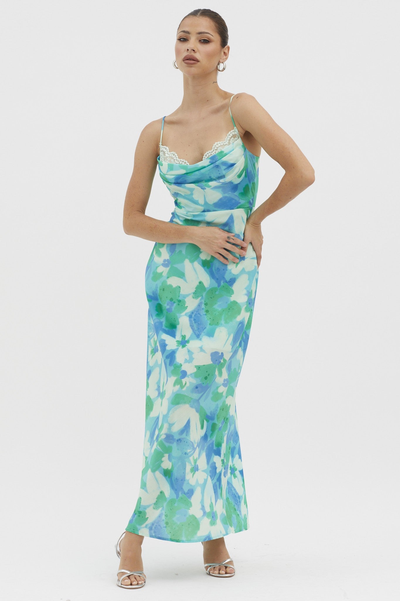 Blue Floral Bodycon Lace Maxi Dress