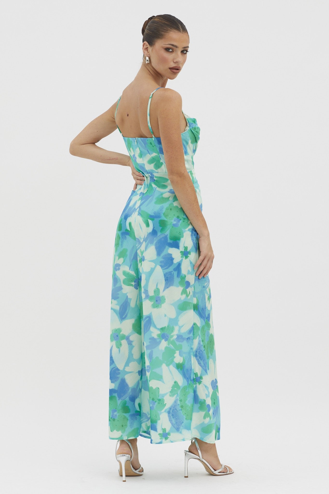 Blue Floral Bodycon Lace Maxi Dress