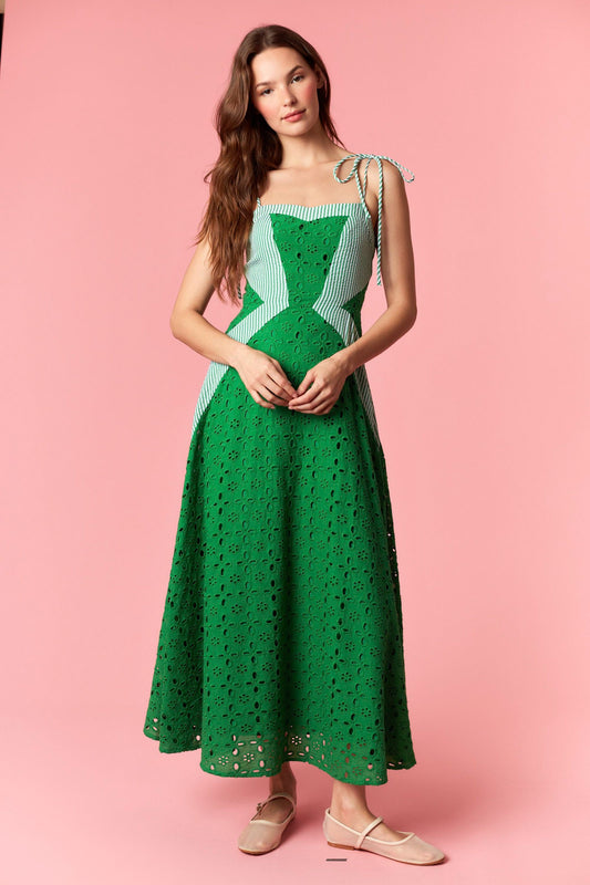 Green Cotton Stripe Eyelet Dress