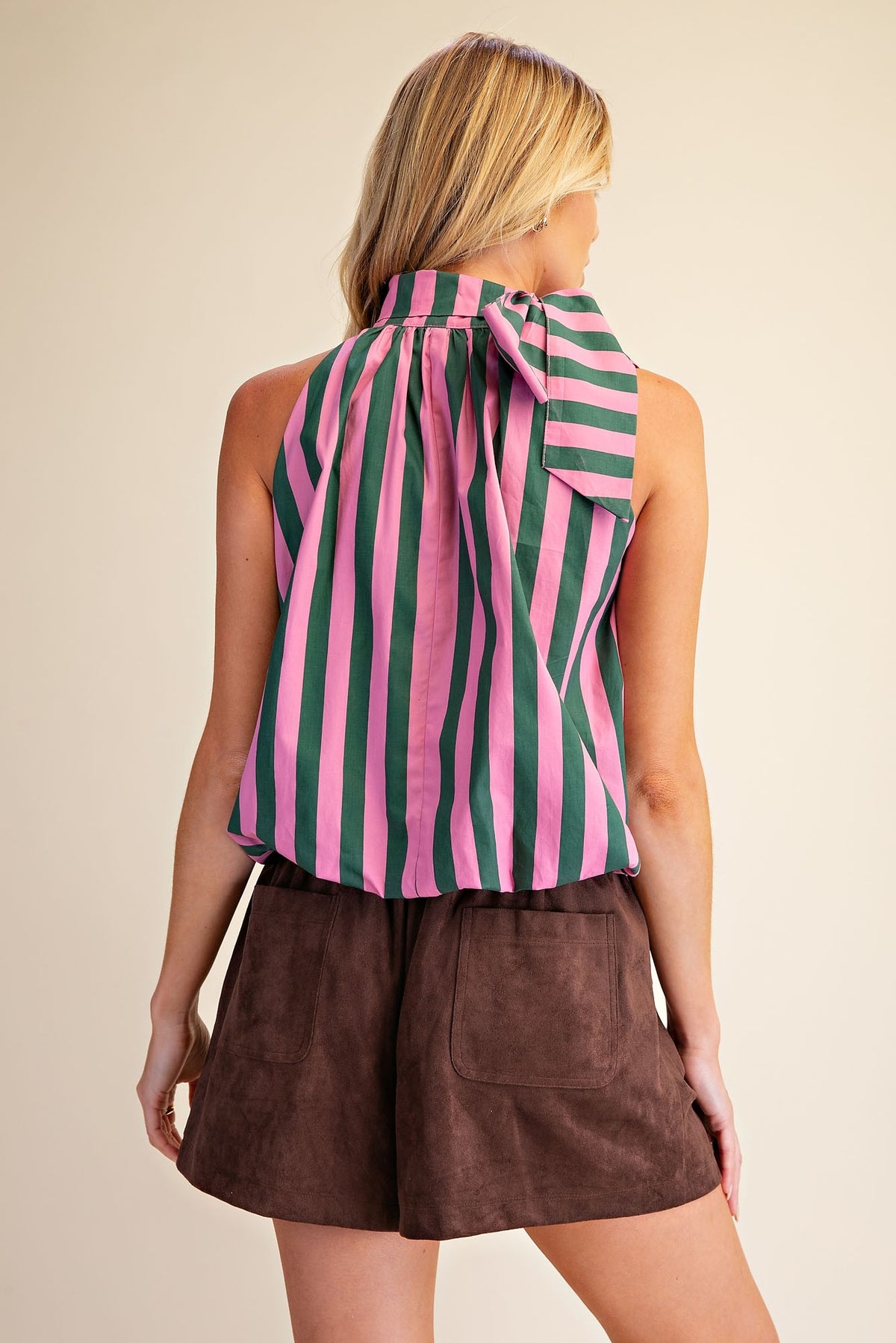 Stripe High Neck Tie Blouse