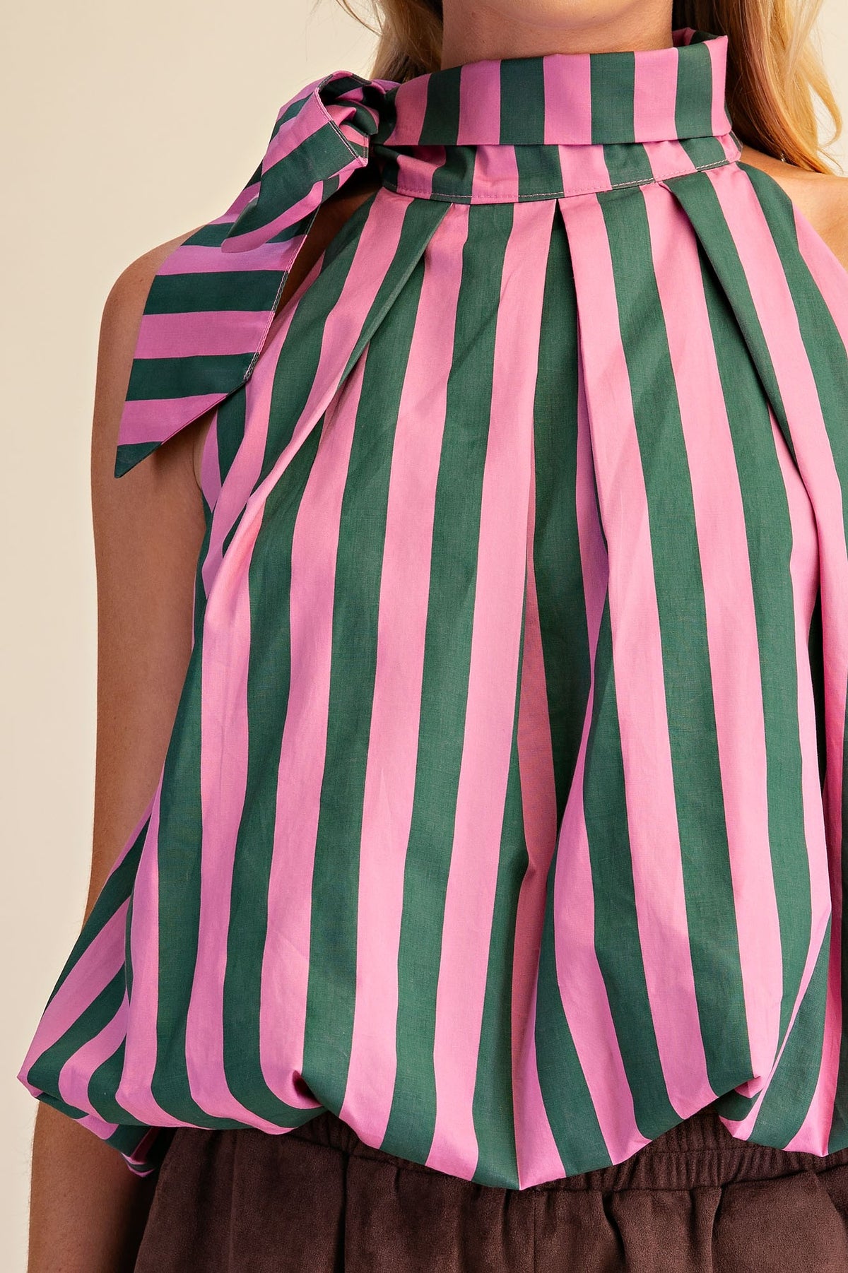 Stripe High Neck Tie Blouse