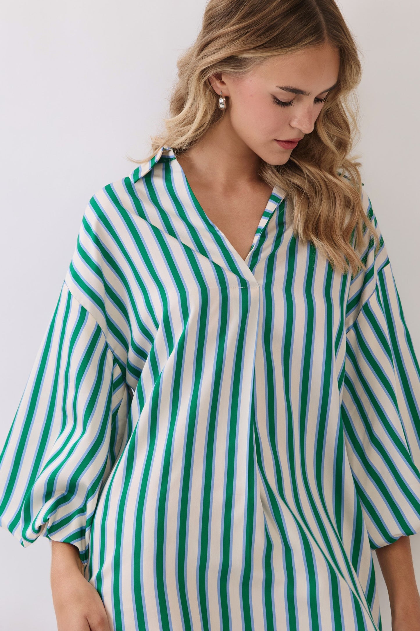 Green Stripe Balloon Sleeve Mini