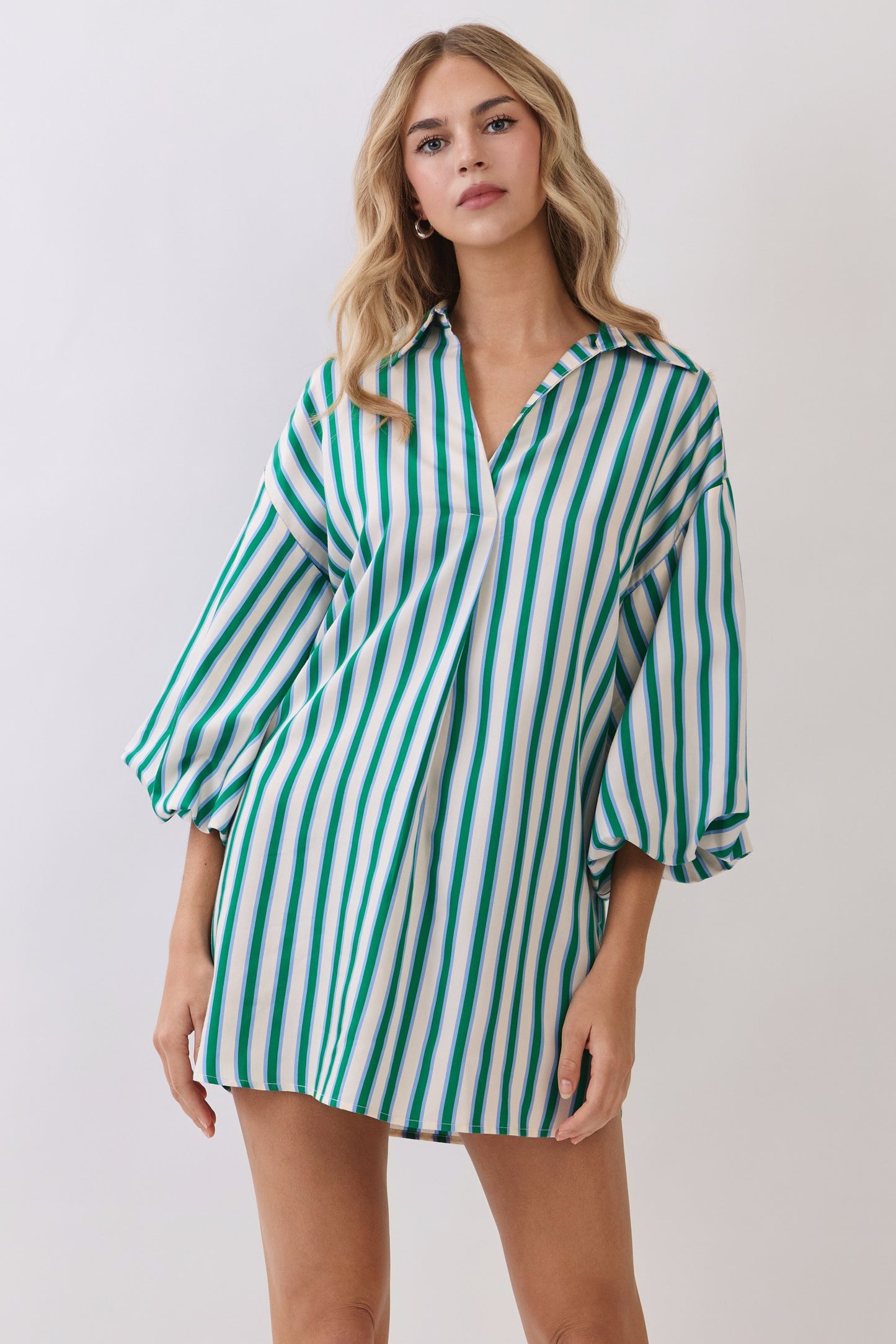 Green Stripe Balloon Sleeve Mini