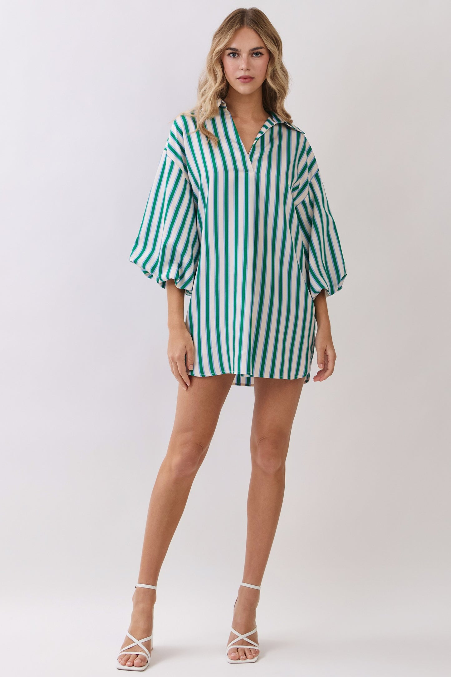 Green Stripe Balloon Sleeve Mini