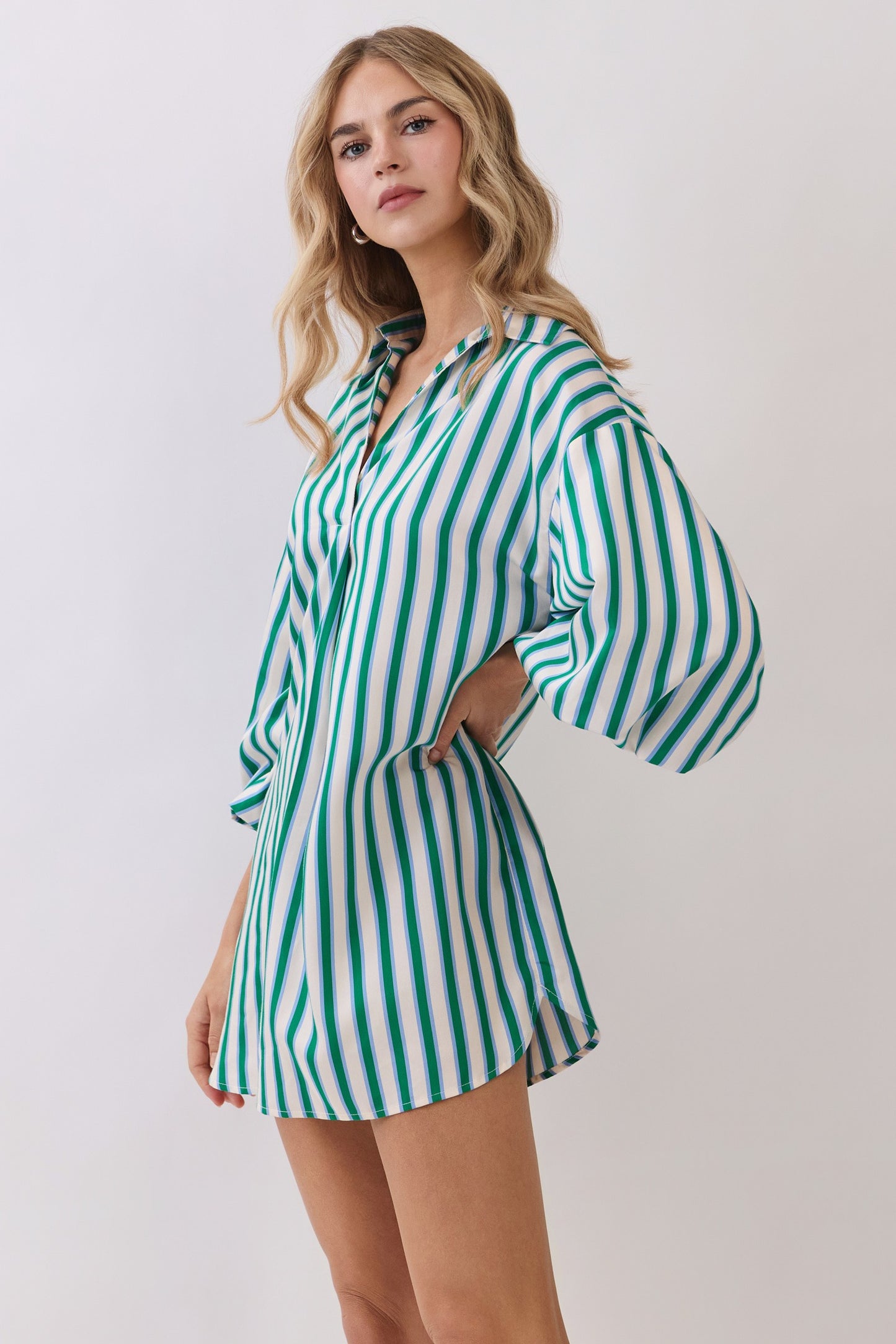 Green Stripe Balloon Sleeve Mini