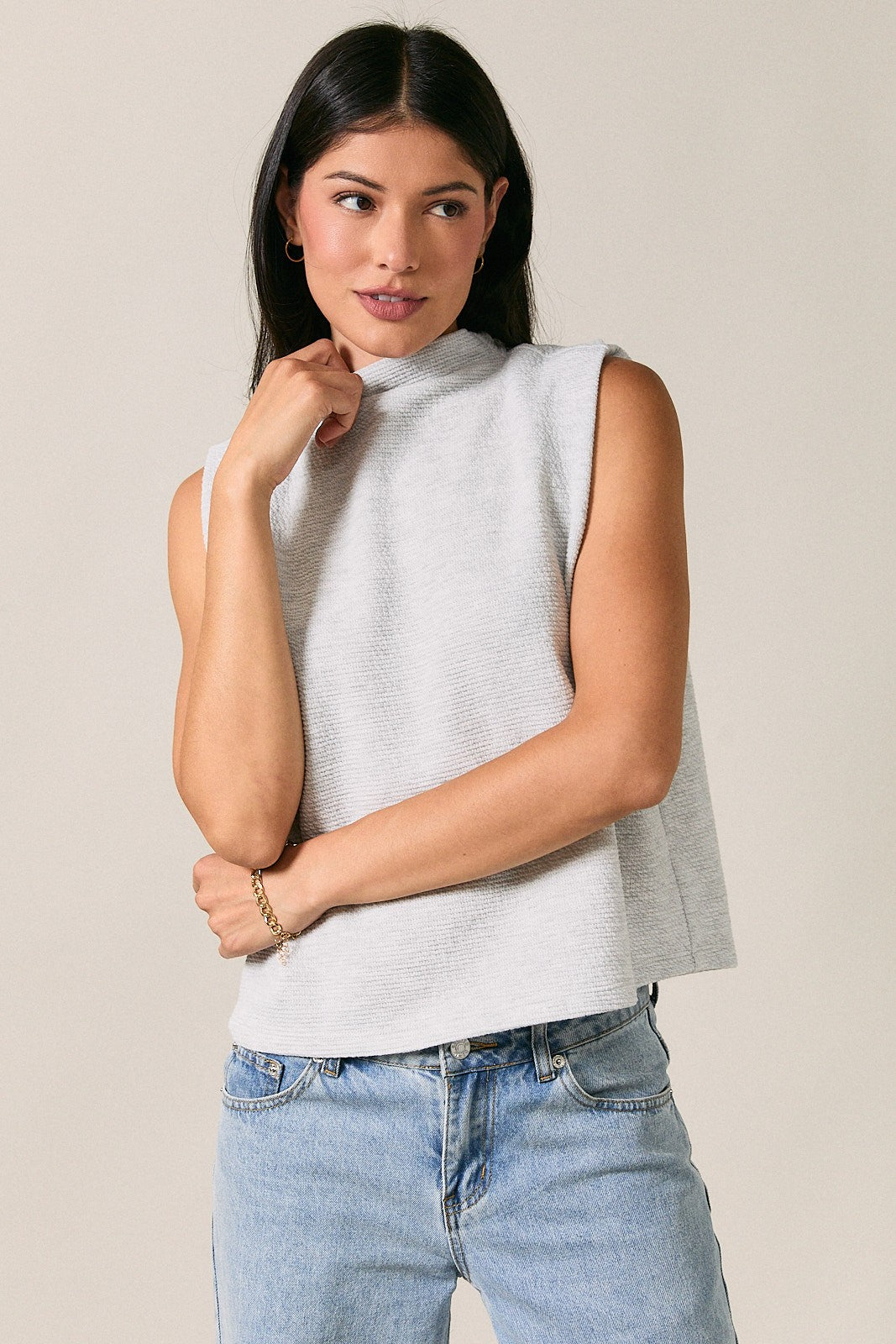Gray Mock Neck Folded Top