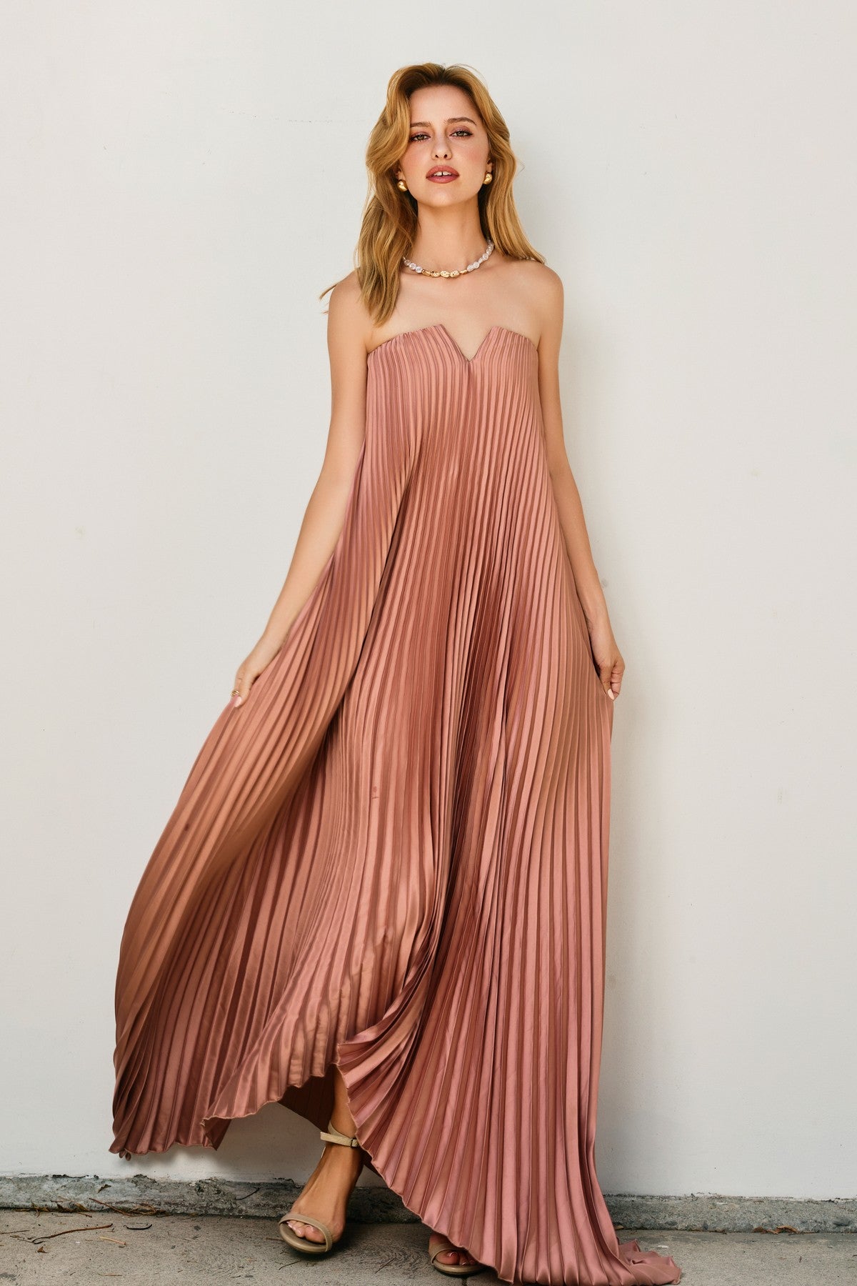 Rose Pleated Strapless Maxi