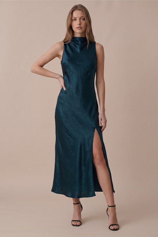 Hunter Green Satin Midi Dress