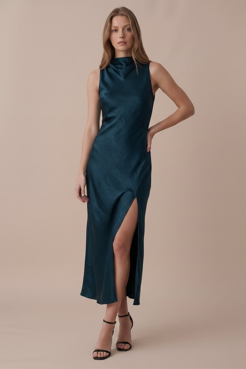Hunter Green Satin Midi Dress