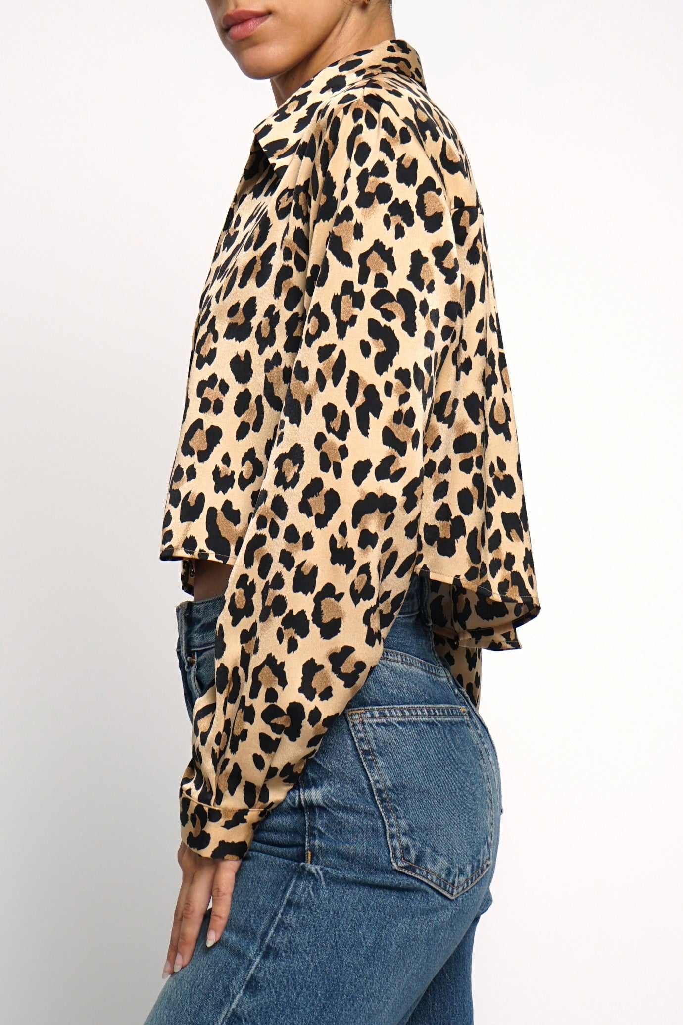 Leopard Cropped Satin Blouse