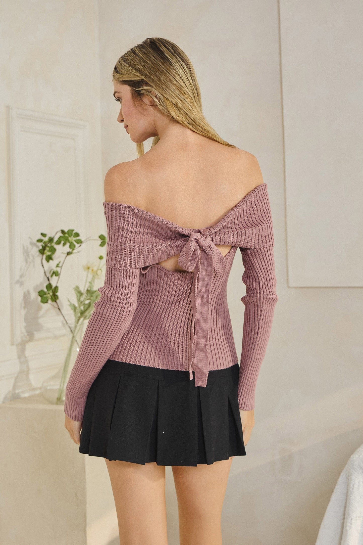 Off Shoulder Bow Sweater- Mauve