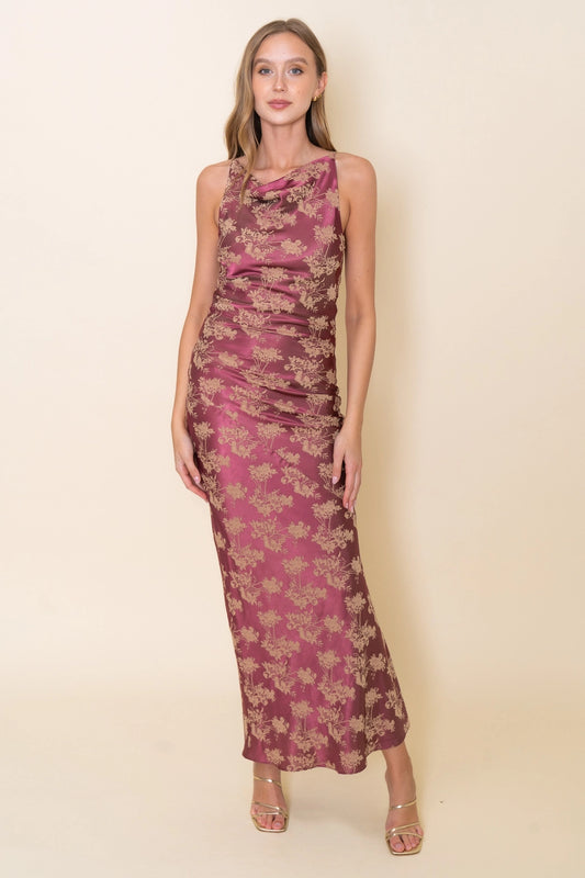 Mauve High Neck Satin Floral Dress