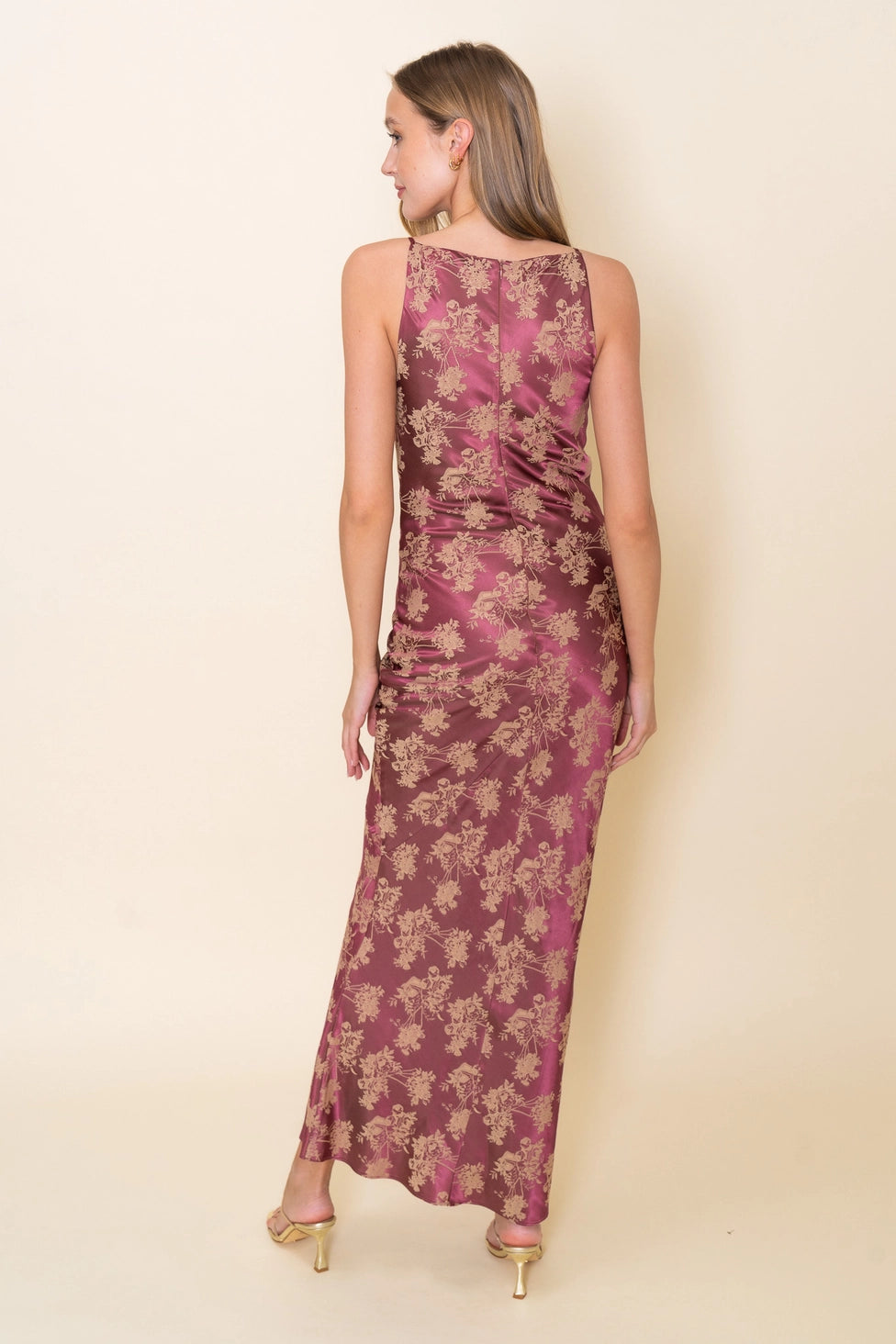 Mauve High Neck Satin Floral Dress
