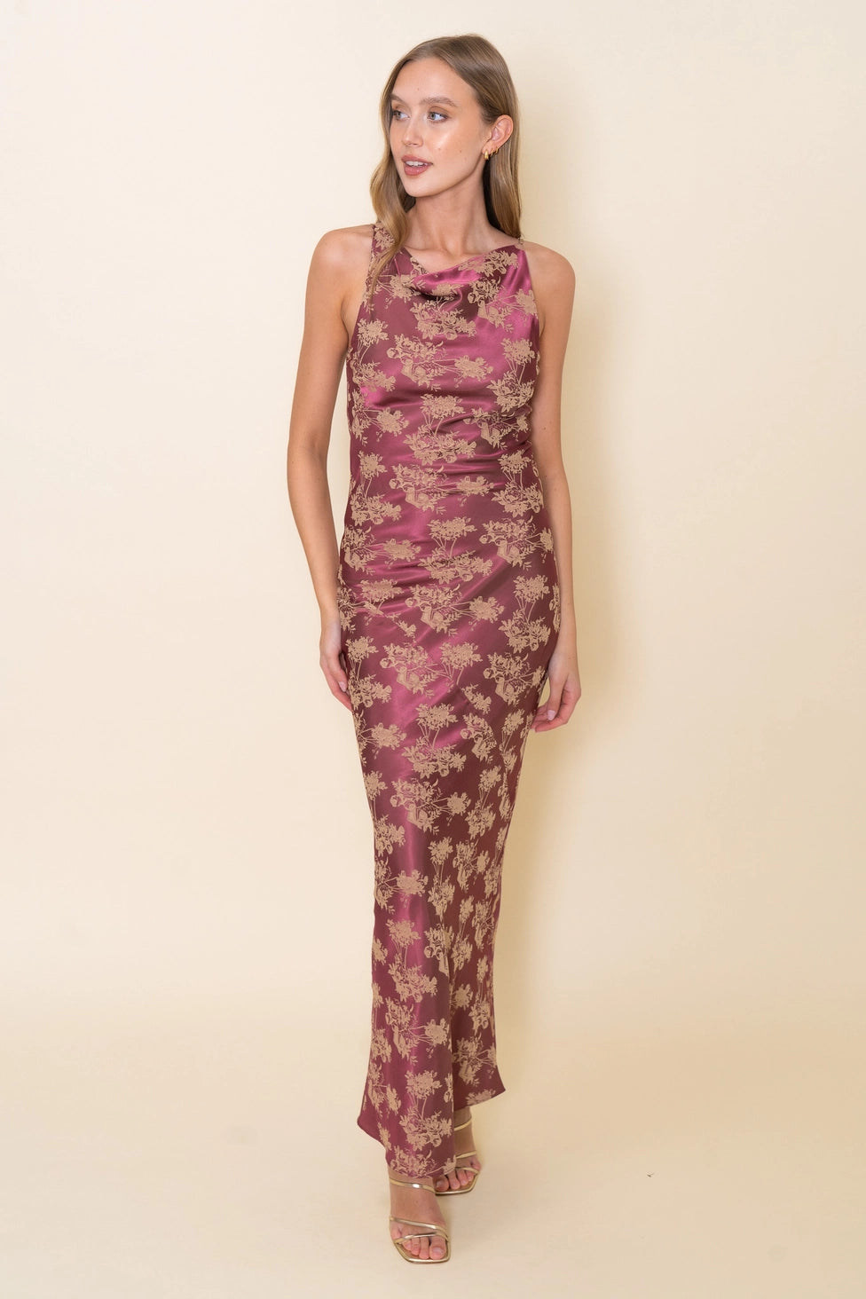 Mauve High Neck Satin Floral Dress