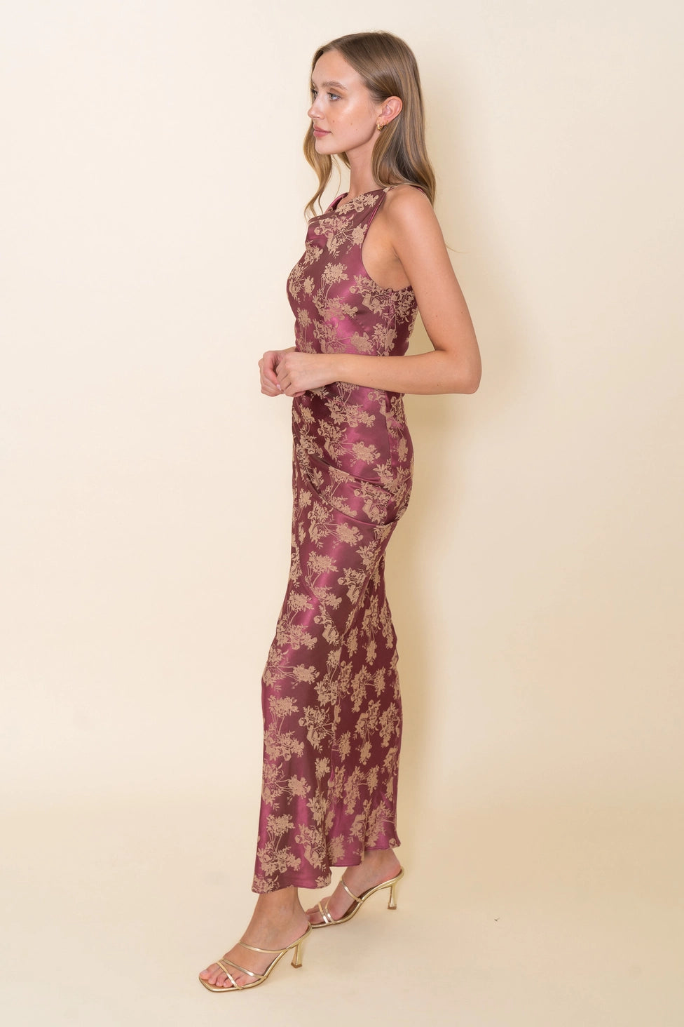 Mauve High Neck Satin Floral Dress