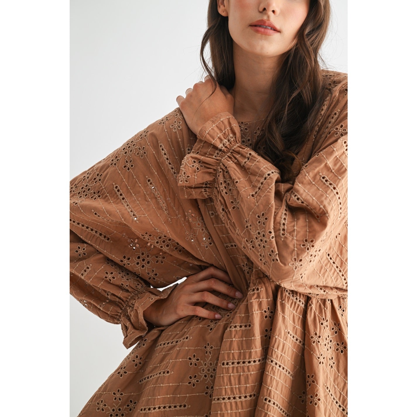 Mocha Long Sleeve Embroidered Mini