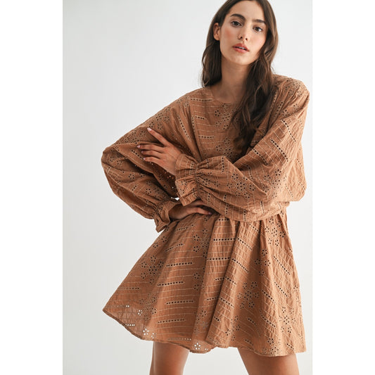 Mocha Long Sleeve Embroidered Mini