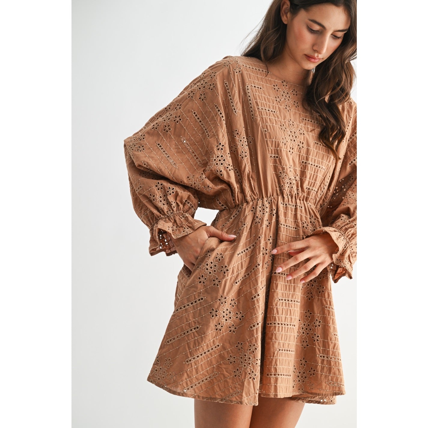 Mocha Long Sleeve Embroidered Mini