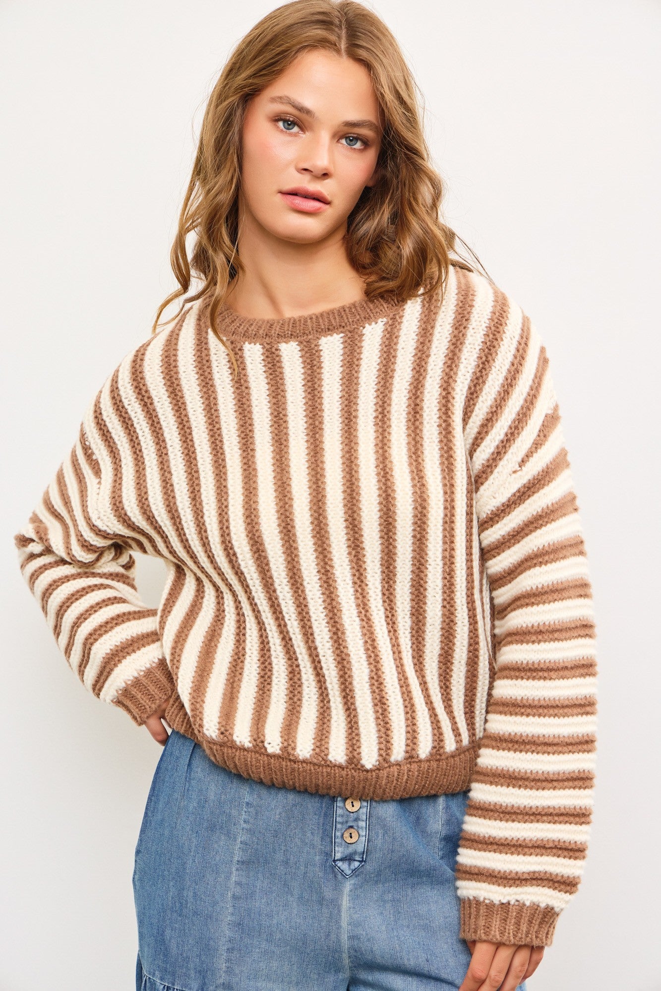 Mocha Stripe Crew Sweater