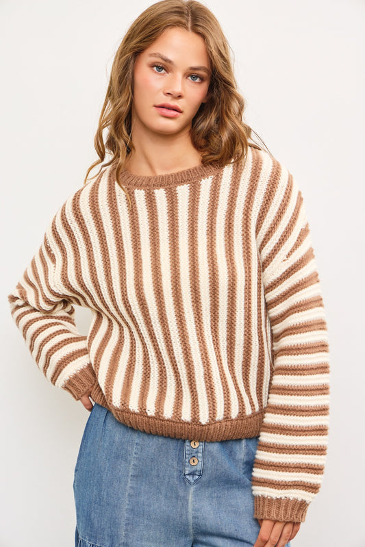 Mocha Stripe Crew Sweater