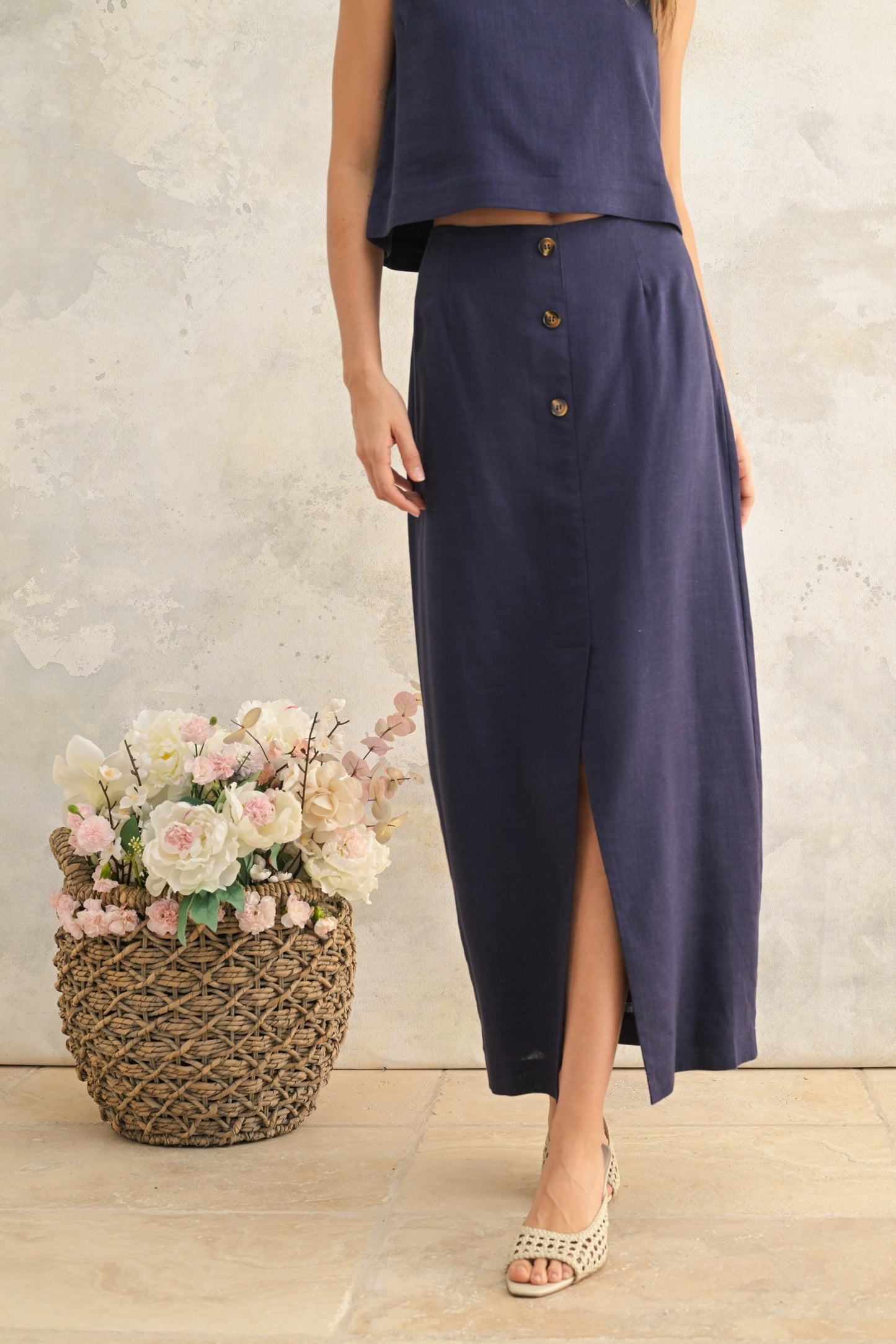 Navy Button Midi Skirt