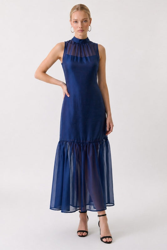 Navy Organza Mock Neck Maxi