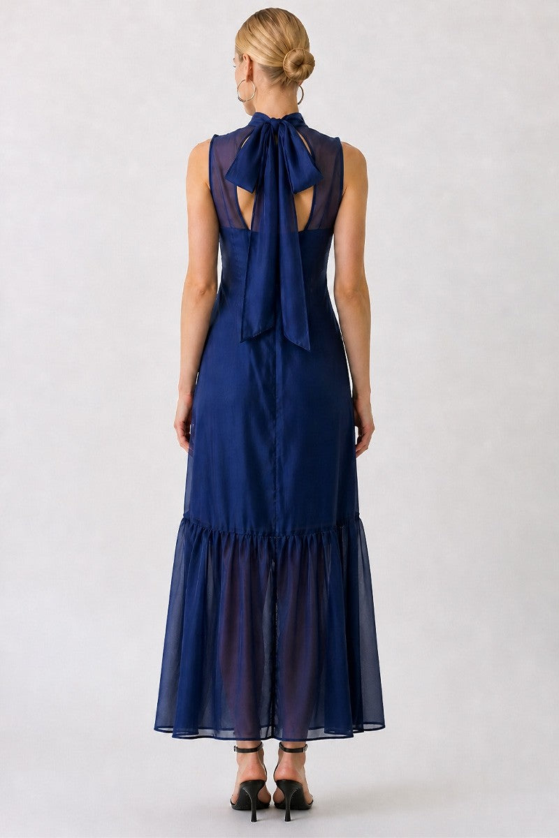 Navy Organza Mock Neck Maxi