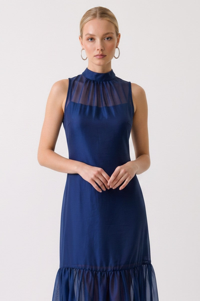 Navy Organza Mock Neck Maxi