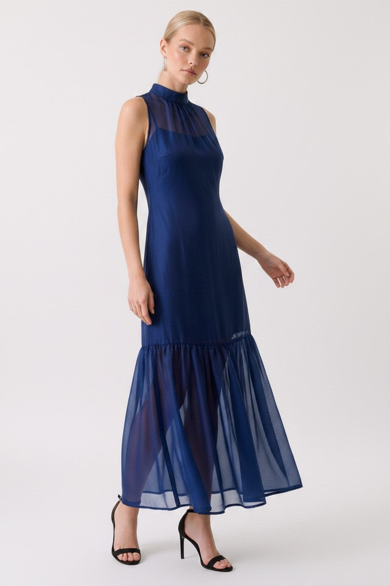 Navy Organza Mock Neck Maxi