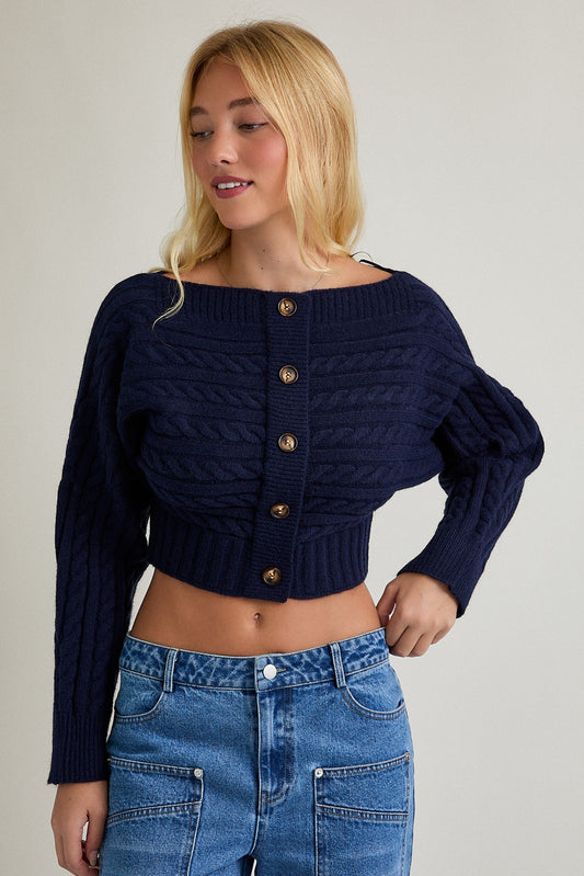 Navy Off Shoulder Button Sweater