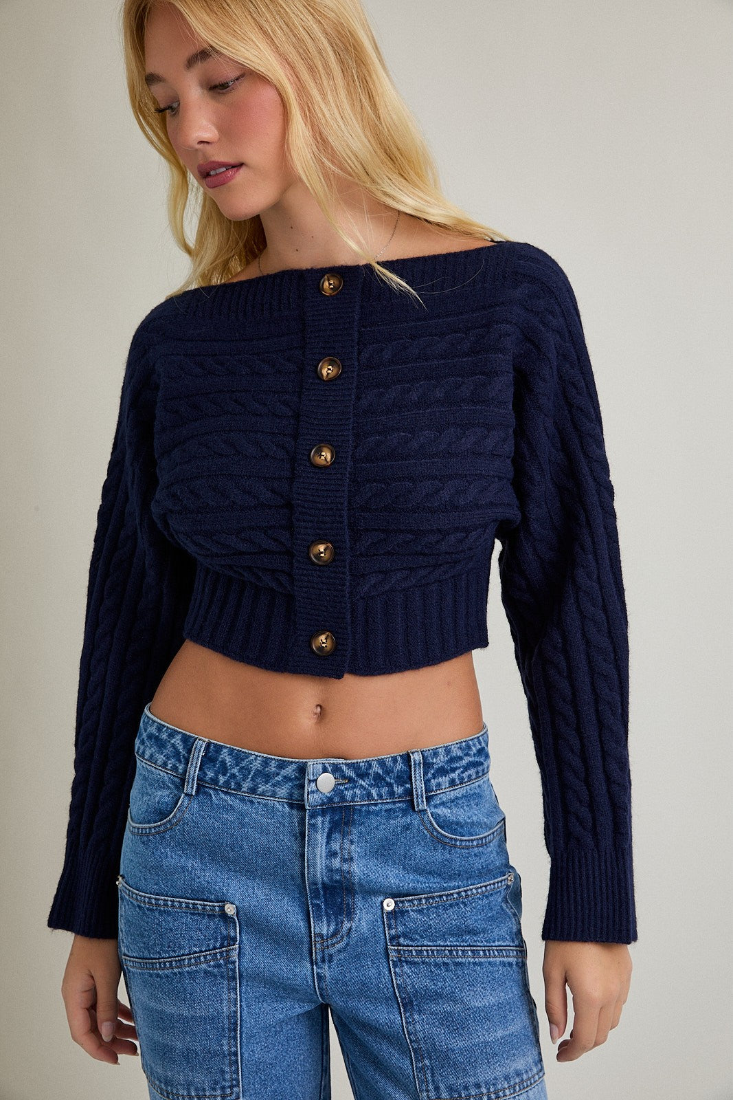 Navy Off Shoulder Button Sweater