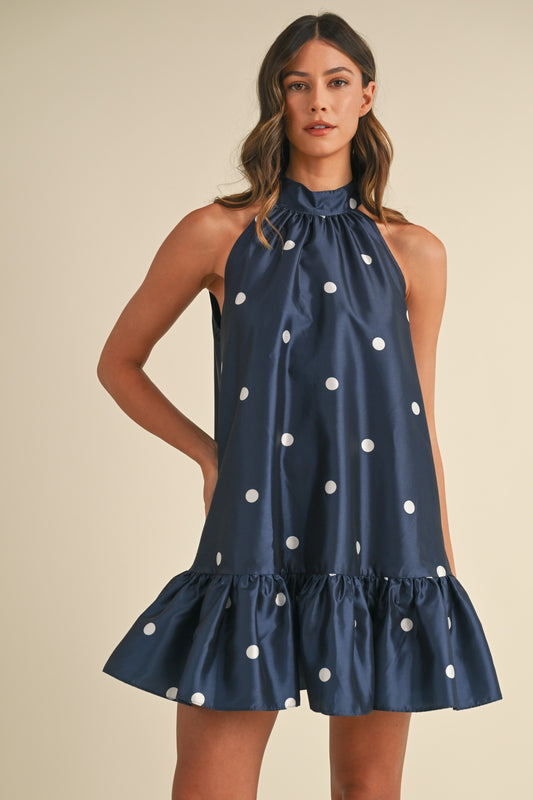 Navy Polka Dot Halter Dress