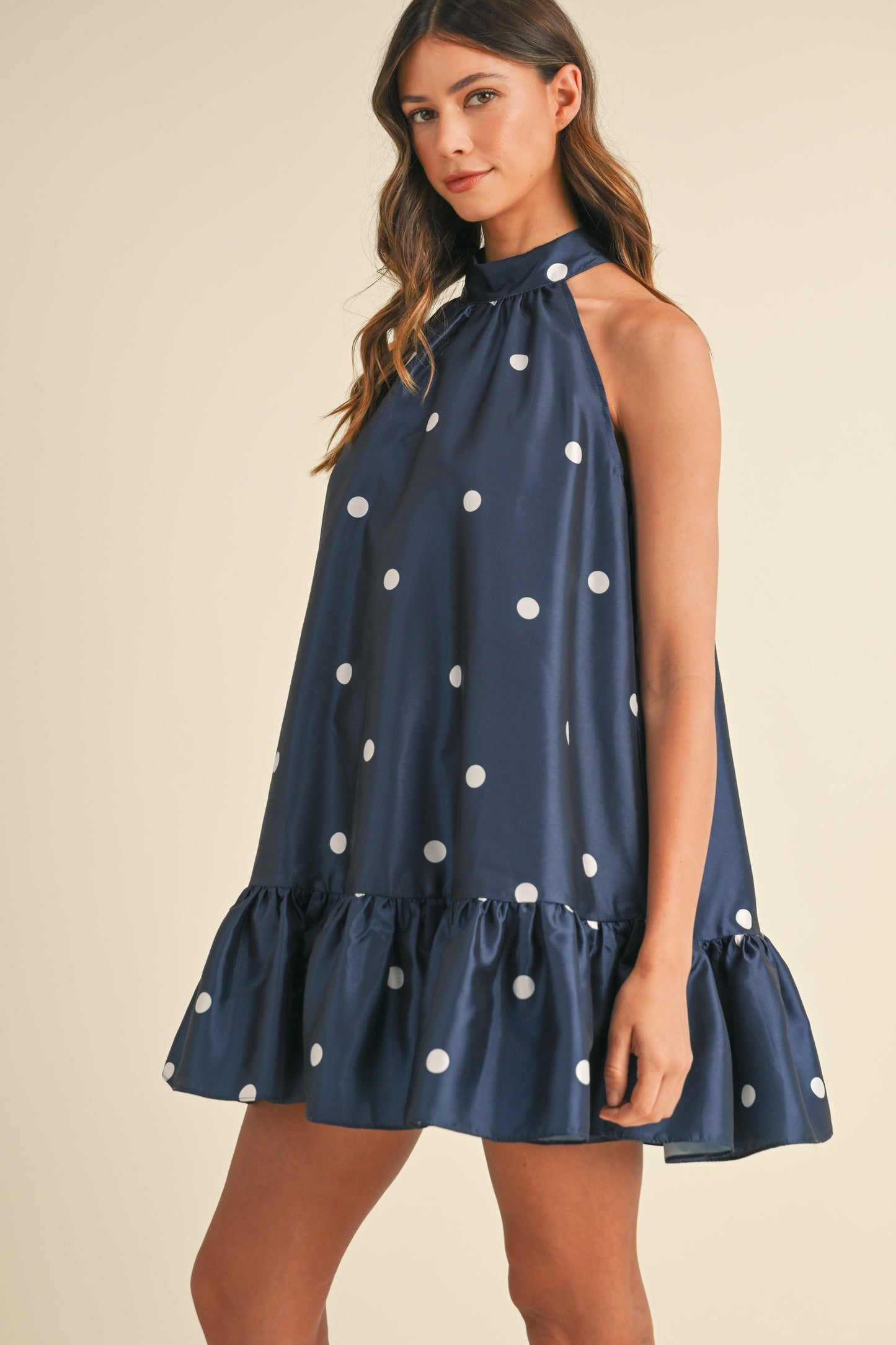 Navy Polka Dot Halter Dress