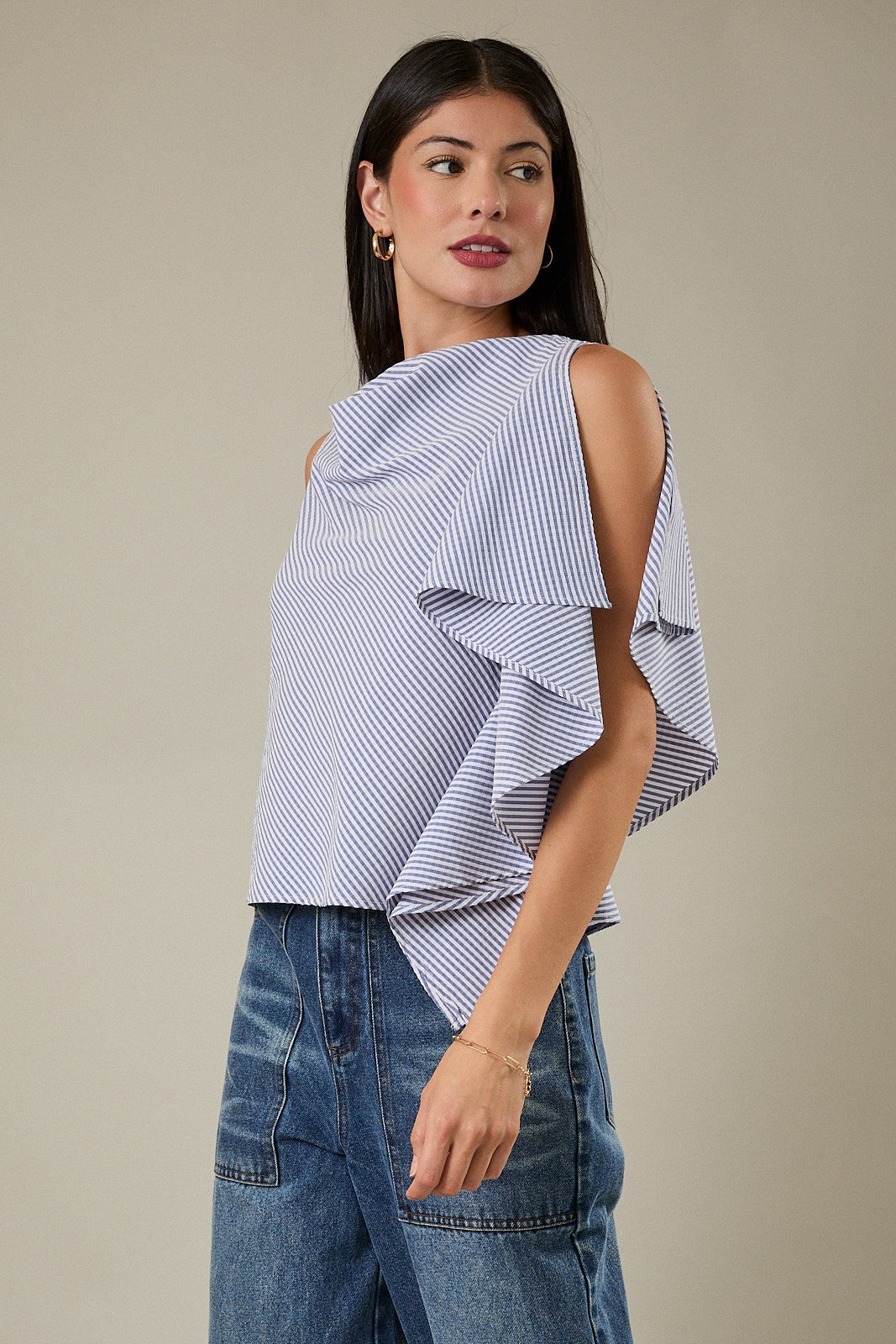 Blue Asymmetrical Ruffle Blouse
