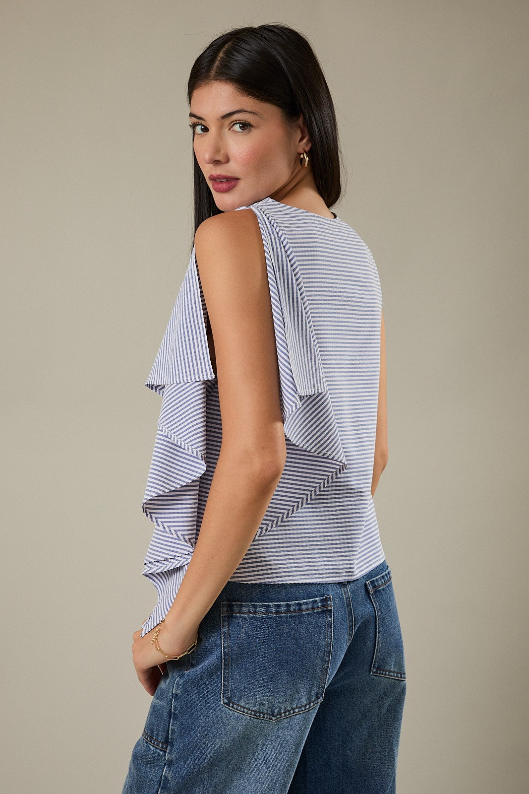 Blue Asymmetrical Ruffle Blouse