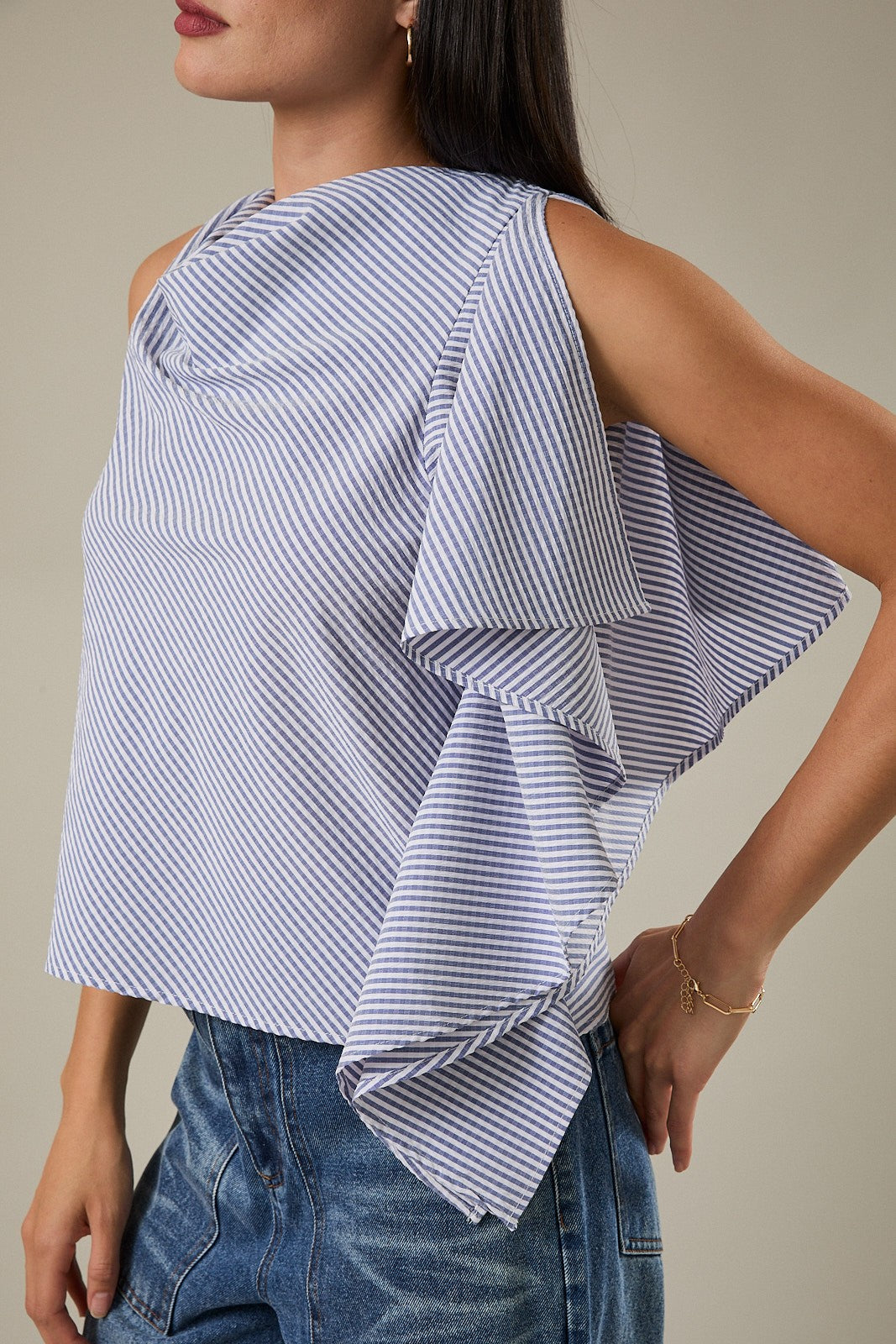 Blue Asymmetrical Ruffle Blouse